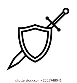 Sword and shield icon in minimalist style, vector design. Editable stroke.