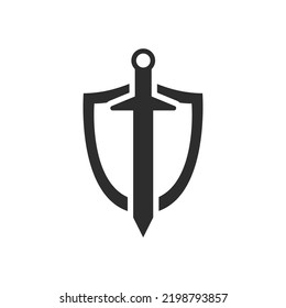 Sword and Shield icon. Monochrome black and white symbol