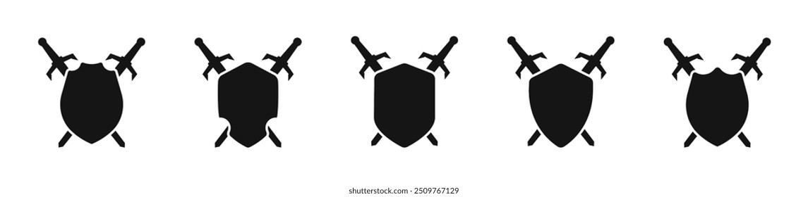 Sword and shield icon set. Sword and shield silhouette. Crossed swords and shields.