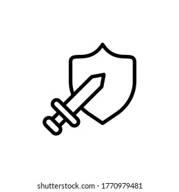 Espada, icono de escudo. Línea simple, contorno de elementos vectoriales de iconos de videojuegos para ui y ux, sitio web o aplicación móvil