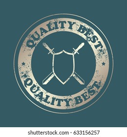 Sword and shield icon.  Stamp with text. Quality  best