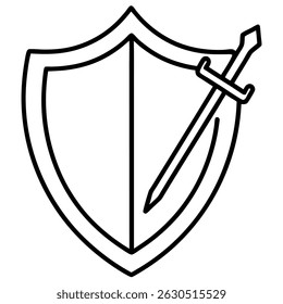 Sword and shield line art icon on white background.