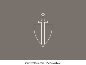 Um logotipo de arte de linha de espada e escudo com fortes linhas simétricas, simbolizando proteção, coragem, honra, força e defesa