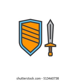 sword and shield line icon, filled outline vector sign, linear colorful pictogram isolated on white. logo illustration