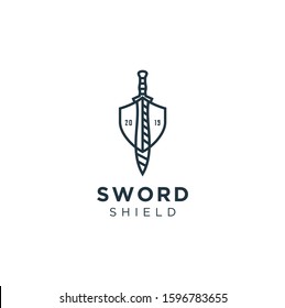 Sword with shield Logo design inspiration, line art logo.