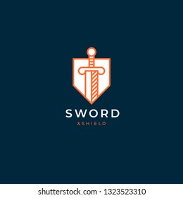 Sword and shield logo design. Linear style logotype. Great template for law firm, legal, advocate, lawyer, justice, security. 