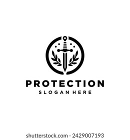 Diseño de logotipo de espada y escudo, vector de logotipo de protección