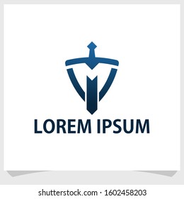 sword and shield logo design template, security logo design vector, letter M logo design