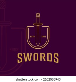 Schwert- und Schild-Logo-Linie Kunst einfache minimalistische Vektorgrafik-Vorlage Symbol Grafik-Design. Zeichen oder Symbol für Unternehmen mit violettem Hintergrund
