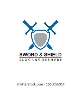 Design-Vektorillustration für Schwert- und Schildschild-Logos, Emblem, Design-Konzept, Kreativsymbol, Symbol