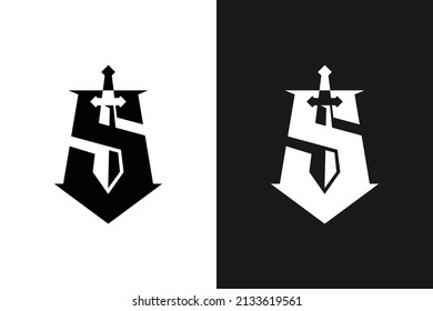 Sword and shield logo template with letter s design
