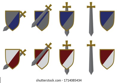 Schwert- und Schildmittelalterliche Schutzwügel mit Waffen Set Symbole Vektorgrafik 