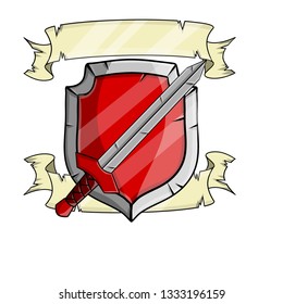 Sword and shield of a medieval knight. Weapons and red armor warrior. Heraldic coat of arms. Military logo for the game. White ribbon for text and motto.