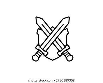 Ícone de contorno de espada e escudo isolado no fundo branco. Espadas cruzadas.