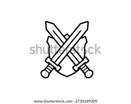 Sword and shield outline icon isolated on white background. Crossed swords.
