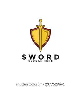 Plantilla de vector de logotipo perfecto de espadas y escudos. Diseño de icono de logotipo de espada