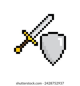  espada y escudo pixel art icon vector 8 bit game company logo template 
