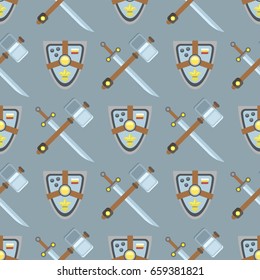 Sword and shield seamless pattern protection design knight background medieval weapon vector illustration