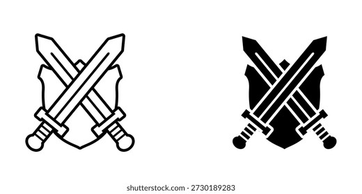 Ícone de conjunto de espada e escudo isolado no fundo branco. Espadas cruzadas.