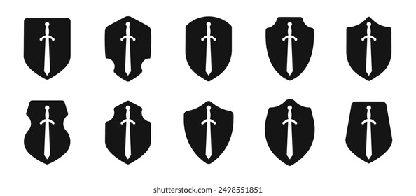 Sword and shield silhouette. Medieval sword and shield. Sword and shield icon set. Ancient shield