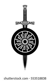 Sword shield tattoo, viking set. Celtic knightly emblem logo print black and white.