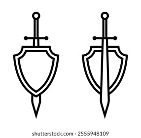 Sword and shield vector icons in bold minimalist style. Editable stroke.