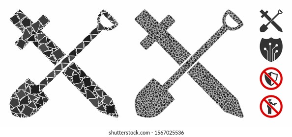 Sword and shovel mosaic of ragged pieces in variable sizes and color tints, based on sword and shovel icon. Vector joggly dots are composed into collage.