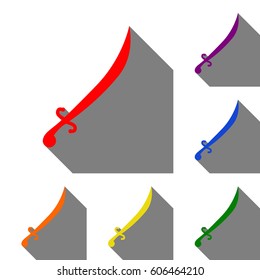 Sword sign illustration. Set of red, orange, yellow, green, blue and violet icons at white background with flat shadow.