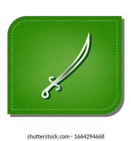 Ilustración de signo de espada. Icono de línea de gradiente plateado con sombra verde oscuro en hoja verde con parches ecológicos. Ilustración.