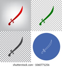 Sword sign illustration. Vector. 4 styles. Red gradient in radial lighted background, green flat and gray scribble icons on transparent and linear one in blue circle.