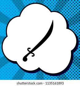 Sword sign illustration. Vector. Black icon in bubble on blue pop-art background with rays.