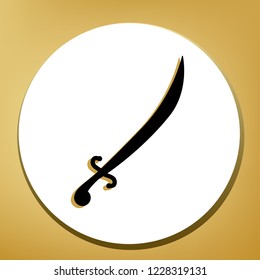 Sword sign illustration. Vector. Black icon with light brown shadow in white circle with shaped ring at golden background.