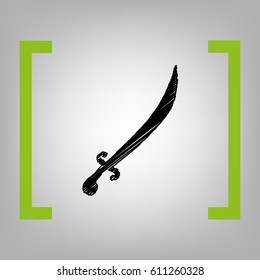 Sword sign illustration. Vector. Black scribble icon in citron brackets on grayish background.