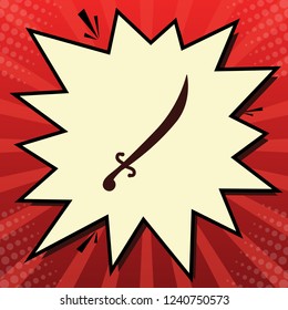 Sword sign illustration. Vector. Dark red icon in lemon chiffon shutter bubble at red popart background with rays.