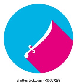 Sword sign illustration. Vector. Flat white icon with mexican pink shadow inside sky blue(S and G) circle at white background. Isolated. Trend colors in 2017.