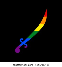 Sword sign illustration. Vector. Icon with colors of LGBT flag at black background.