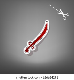 Sword sign illustration. Vector. Red icon with for applique from paper with shadow on gray background with scissors.