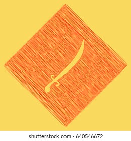 Sword sign illustration. Vector. Red scribble icon obtained as a result of subtraction rhomb and path. Royal yellow background.
