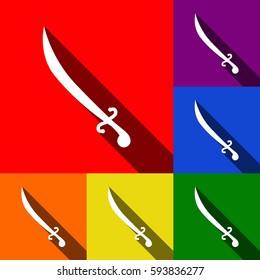 Sword sign illustration. Vector. Set of icons with flat shadows at red, orange, yellow, green, blue and violet background.