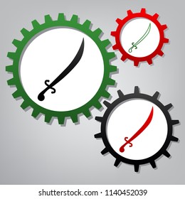 Sword sign illustration. Vector. Three connected gears with icons at grayish background.