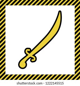 Sword sign illustration. Vector. Warm yellow icon with black contour in frame named as under construction at white background. Isolated.