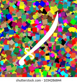 Sword sign illustration. Vector. White icon on colorful background with seamless pattern from squares.