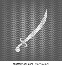 Sword sign illustration. Vector. White knitted icon on gray knitted background. Isolated.