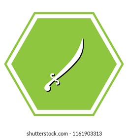 Sword sign illustration. Vector. White icon with black shadow at yellow green honeycomb on white background.
