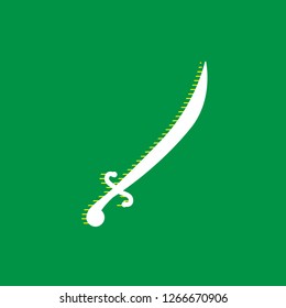 Sword sign illustration. Vector. White flat icon with yellow striped shadow at green background.