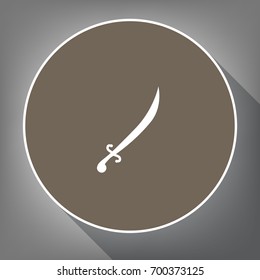 Sword sign illustration. Vector. White icon on brown circle with white contour and long shadow at gray background. Like top view on postament.