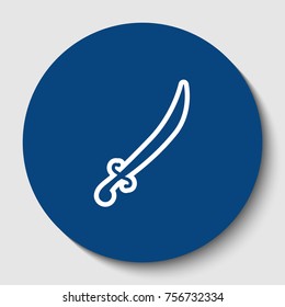 Sword sign illustration. Vector. White contour icon in dark cerulean circle at white background. Isolated.