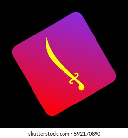 Sword sign illustration. Vector. Yellow icon at violet-red gradient square with rounded corners rotated for dynamics on black background.