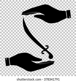 Sword sign. Save or protect symbol by hands.