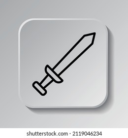 Sword simple icon. Flat desing. Black icon on square button with shadow. Grey background.ai